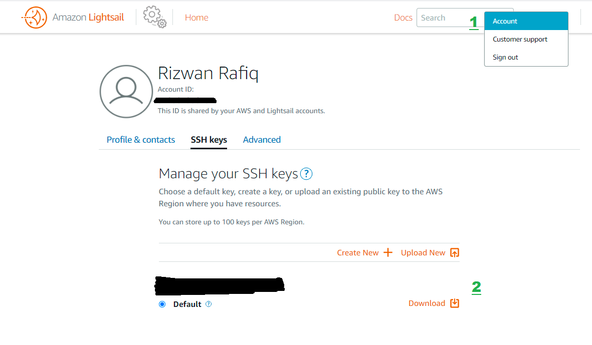 Steps to download SSH key from Lightsail account