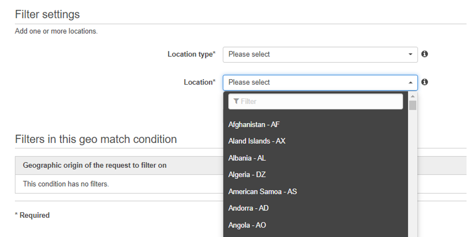 select location in filter setting in Web Application Firewall (WAF)